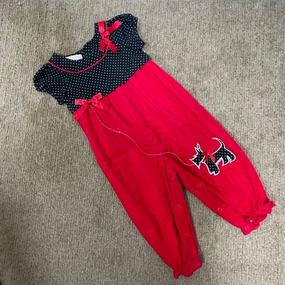 Bonnie Baby Scottie Dog Pant Romper Toddler 24M Red Cottagecore Polka Dot Bows